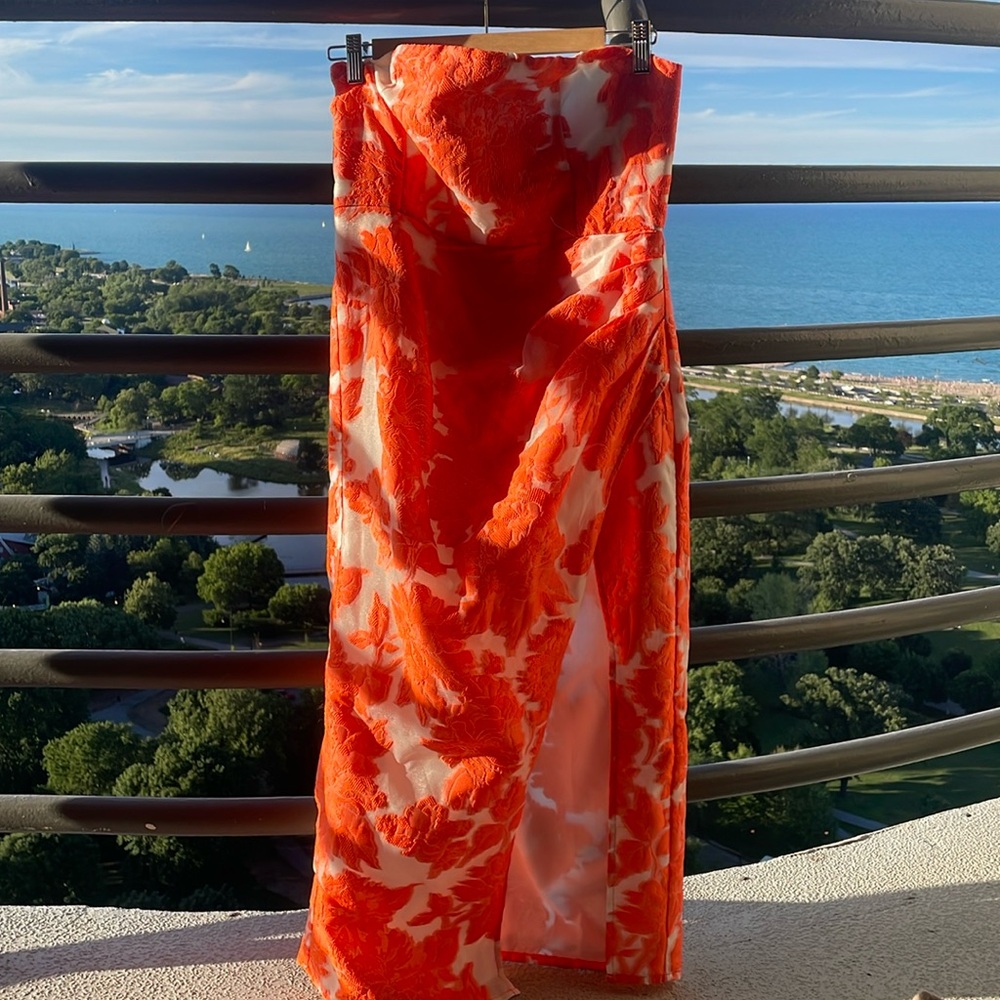 Showpo strapless jacquard midi dress with slit